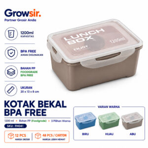 GROWSIR Lunch Box BPA FREE Kotak Bekal Anti Tumpah 4 Sekat 1200ml Bisa dilepas Kotak makan Wadah Bekal FREE Sendok Garpu Tempat Saus FH041