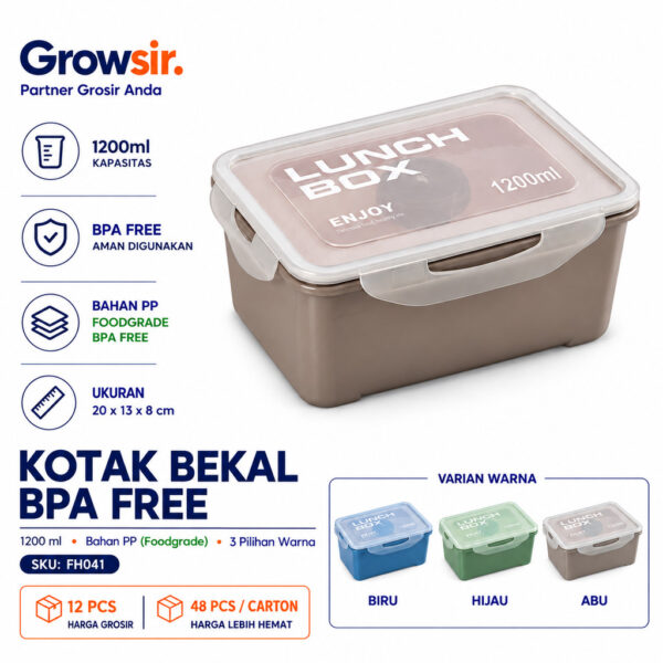 GROWSIR Lunch Box BPA FREE Kotak Bekal Anti Tumpah 4 Sekat 1200ml Bisa dilepas Kotak makan Wadah Bekal FREE Sendok Garpu Tempat Saus FH041