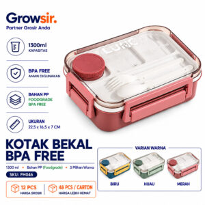 GROWSIR Lunch Box BPA FREE Kotak Bekal Anti Tumpah 4 Sekat 1300ml Kotak makan Wadah Bekal FREE Sendok Garpu Tempat Saus FH046