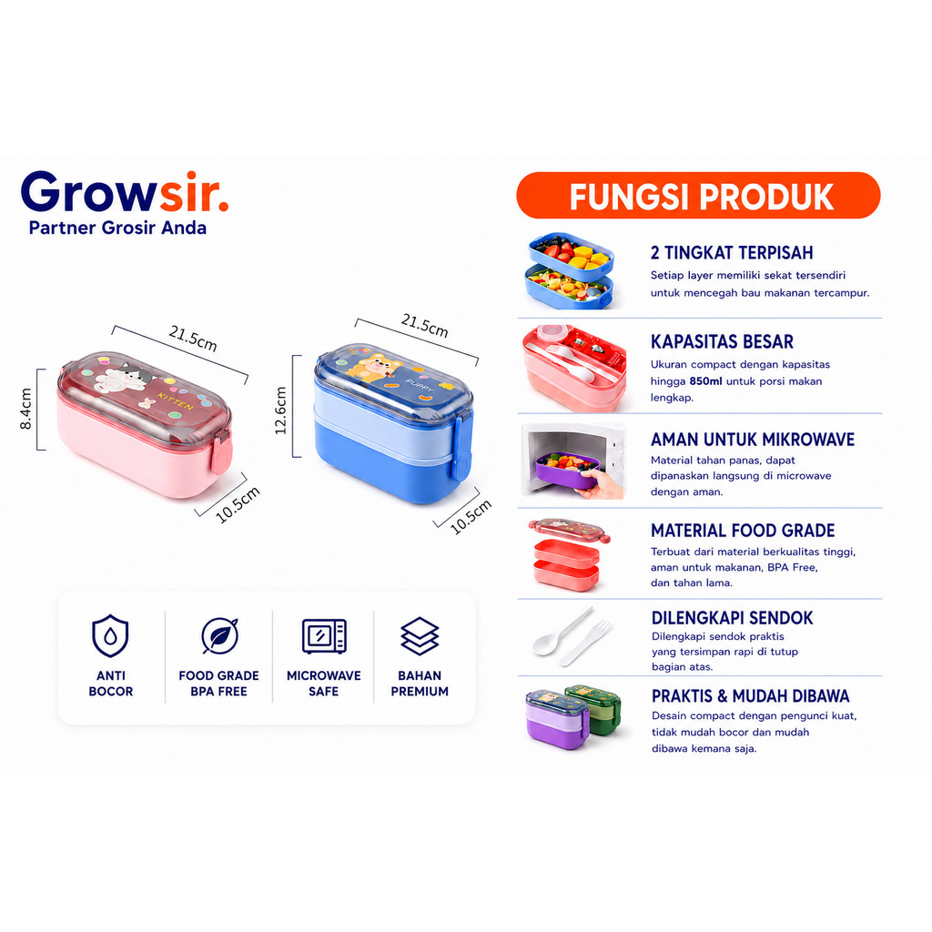 GROWSIR Lunch Box Kotak Bekal Anak Anti Tumpah 2 Tingkat 1400ml 800ml BPA FREE Kotak makan Lucu Wadah Bekal FREE Sendok Tempat Saus FH026