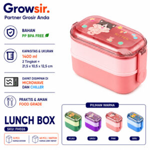 GROWSIR Lunch Box Kotak Bekal Anak Anti Tumpah 2 Tingkat 1400ml 800ml BPA FREE Kotak makan Lucu Wadah Bekal FREE Sendok Tempat Saus FH026