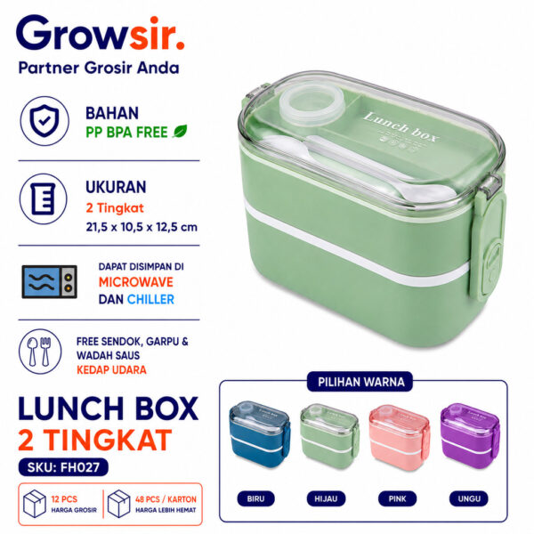 GROWSIR Lunch Box Kotak Bekal Anti Tumpah 2 Tingkat 1400ml / 800ml BPA FREE Kotak makan Wadah Bekal FREE Sendok Garpu Tempat Saus FH027