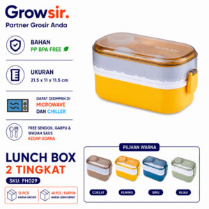 GROWSIR Lunch Box Kotak Bekal Anti Tumpah 2 Tingkat 1400ml BPA FREE Kotak makan Wadah Bekal FREE Sendok Garpu Tempat Saus FH029