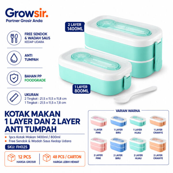 GROWSIR Lunch Box Kotak Bekal Anti Tumpah 2 Tingkat 3 Sekat 1400ml / 800ml BPA FREE Kotak makan Wadah Bekal FREE Sendok Tempat Saus FH025