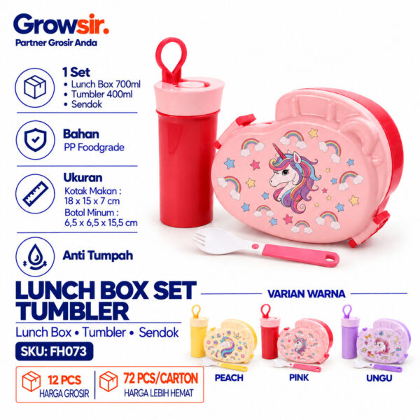 GROWSIR Lunch Box Set Tumbler Anak Uniqorn | Kotak Makan Sekat Food Grade Microwave Safe Bekal Sekolah FH073