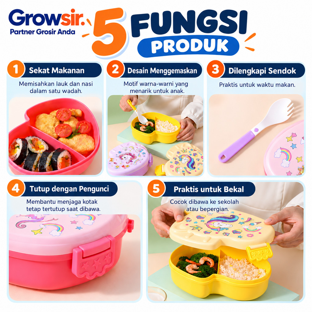 GROWSIR Lunch Box Set Tumbler Anak Uniqorn | Kotak Makan Sekat Food Grade Microwave Safe Bekal Sekolah FH073