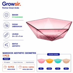 GROWSIR Mangkok Aesthetic Geometris Plastik Serbaguna Wadah Sayur Snack Transparan PZ027