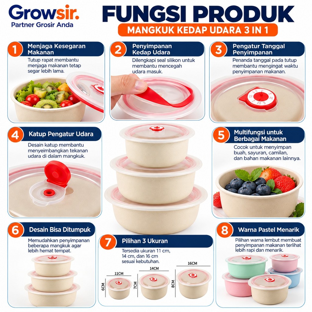 GROWSIR Mangkuk Kedap Udara 3 in 1 Kotak Pengawet Dengan Penutup Gandum Mangkok Berkapasitas Besar Souvenir Hadiah PZ009