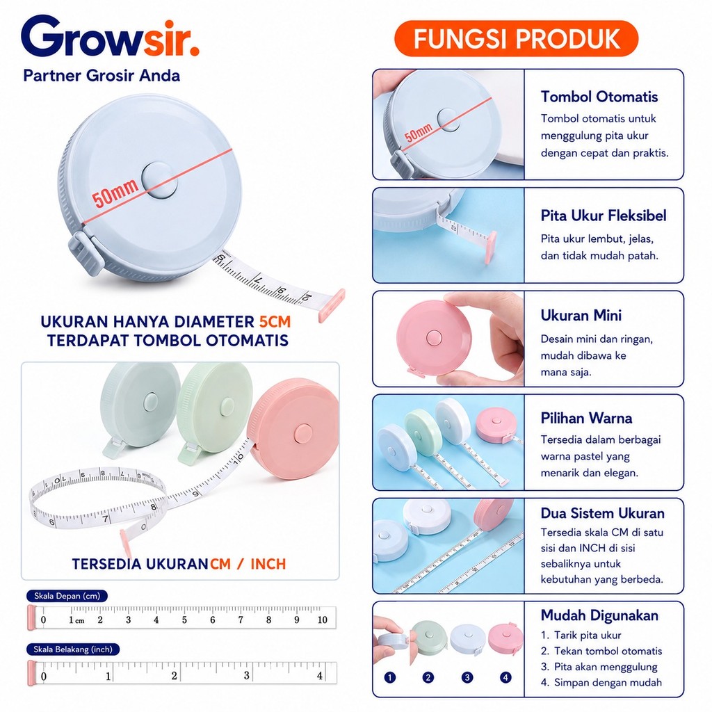 GROWSIR Meteran Gulung Otomatis 150cm | Meteran Mini untuk Ukur Badan Kain Serbaguna XY084