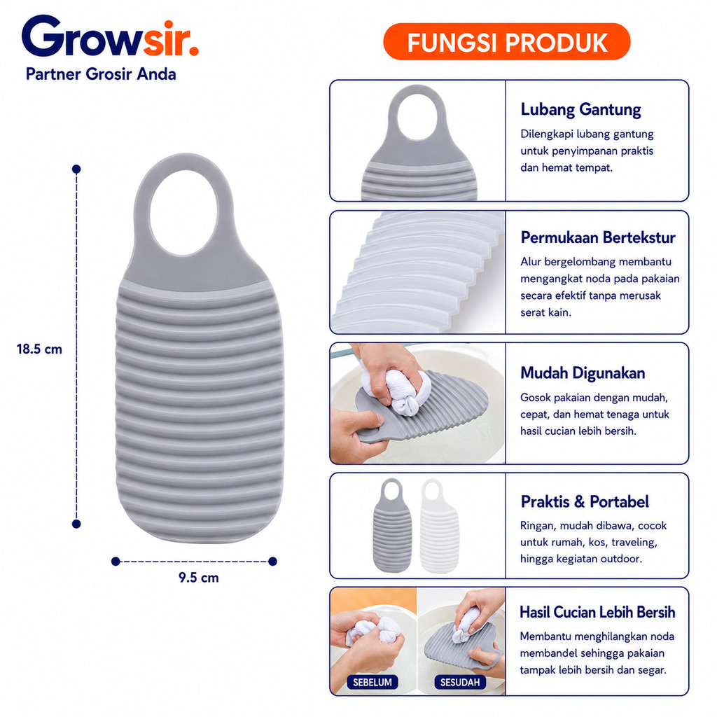 GROWSIR Papan Cuci Baju Mini Portable Alas Penggilas Cuci Pakaian Travel XY106