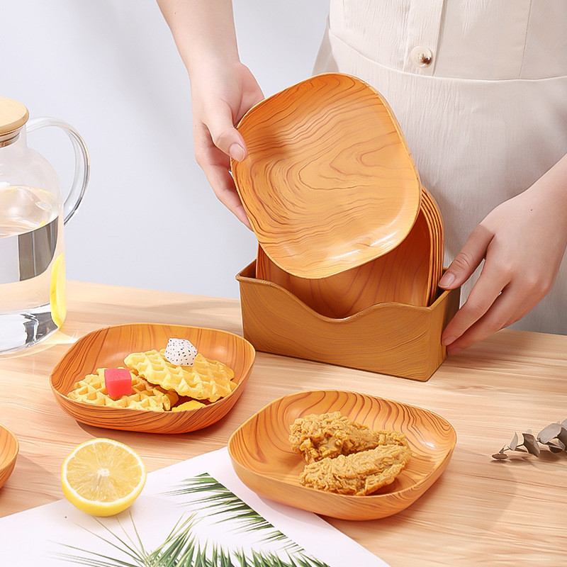 GROWSIR Piring Serbaguna Motif Kayu Rounded Square | Tempat Sayur Sajian Makan Dessert Snack | Ringan & Elegan PZ024