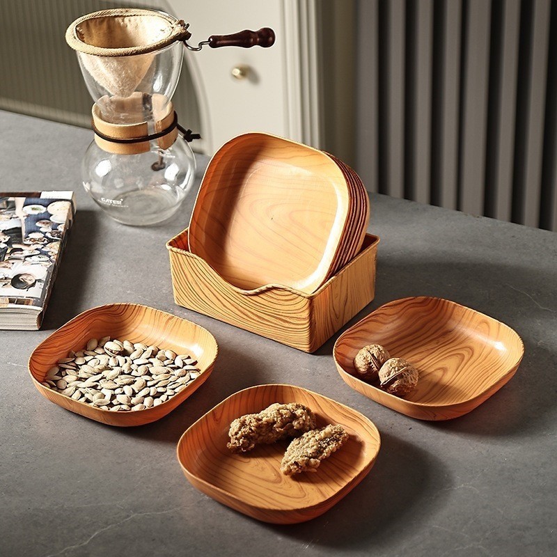 GROWSIR Piring Serbaguna Motif Kayu Rounded Square | Tempat Sayur Sajian Makan Dessert Snack | Ringan & Elegan PZ024