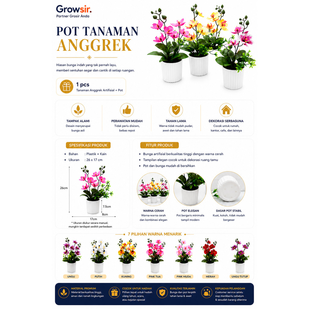 GROWSIR Pot Bunga Anggrek Artificial | Tanaman Hias Anggrek Plastik Dekorasi Rumah Meja Estetik TH049