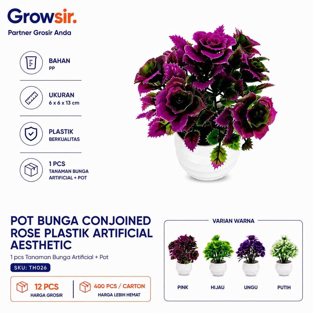GROWSIR Pot Bunga Conjoined Rose Plastik Artificial Aesthetic Vas Tanaman Hias Mini Estetik TH026