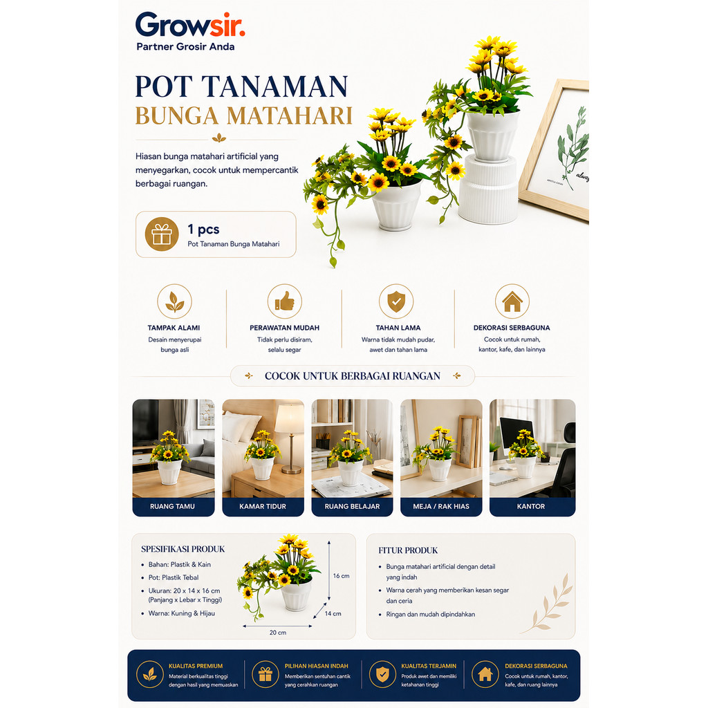 GROWSIR Pot Bunga Matahari Artificial Aesthetic | Bunga Plastik Dekorasi Meja & Ruangan | Pot Tanaman Hias Grosir TH038