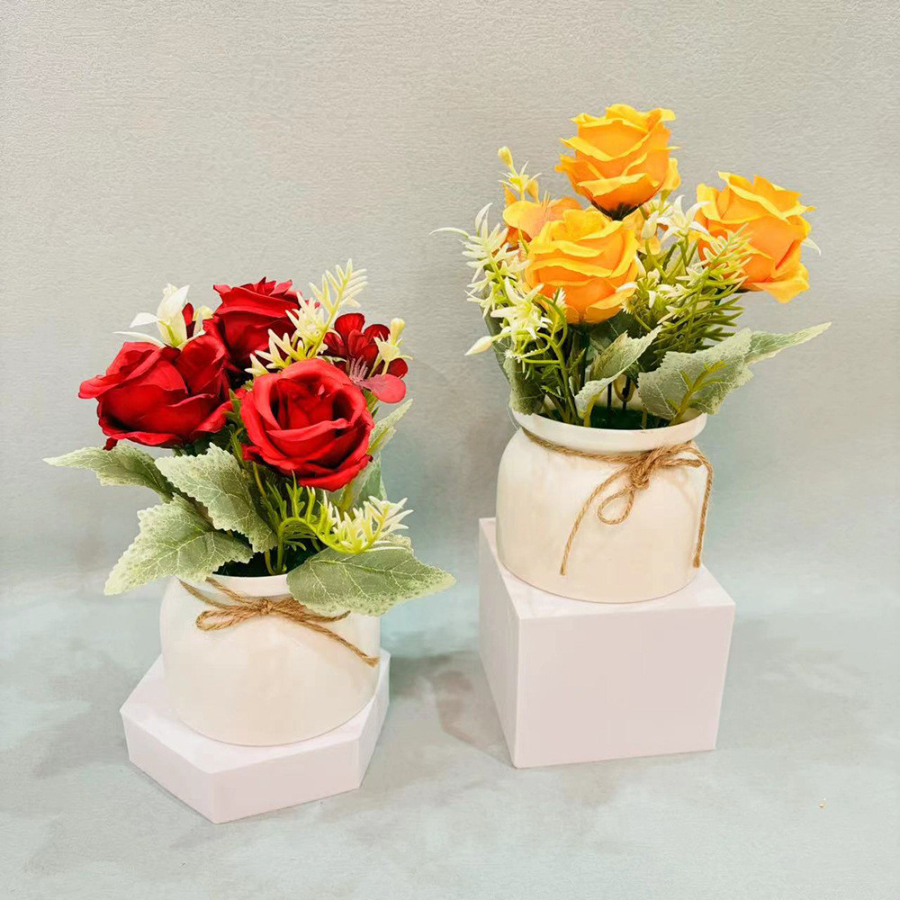 GROWSIR Pot Bunga Mawar Artificial 20x17cm | Tanaman Hias Bunga Mawar Plastik Dekorasi Rumah Meja Estetik TH048