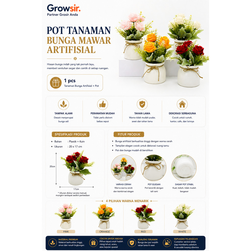 GROWSIR Pot Bunga Mawar Artificial 20x17cm | Tanaman Hias Bunga Mawar Plastik Dekorasi Rumah Meja Estetik TH048