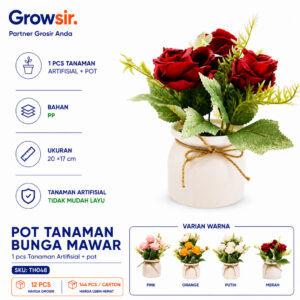 GROWSIR Pot Bunga Mawar Artificial 20x17cm | Tanaman Hias Bunga Mawar Plastik Dekorasi Rumah Meja Estetik TH048