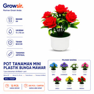 GROWSIR Pot Bunga Mawar Artificial Mini 11x10cm | Tanaman Hias Plastik Dekorasi Meja Rumah Kantor TH037