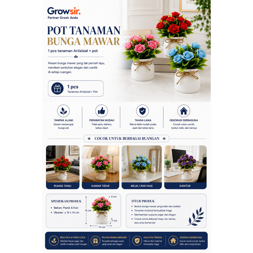 GROWSIR Pot Bunga Mawar Artificial Mini Aesthetic | Tanaman Hias Dekorasi Rumah Meja Estetik TH036