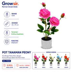 GROWSIR Pot Bunga Peony Artificial Aesthetic | Bunga Peony Plastik Tanaman Hias Dekorasi Meja & Ruangan | Bunga Artificial Premium TH033
