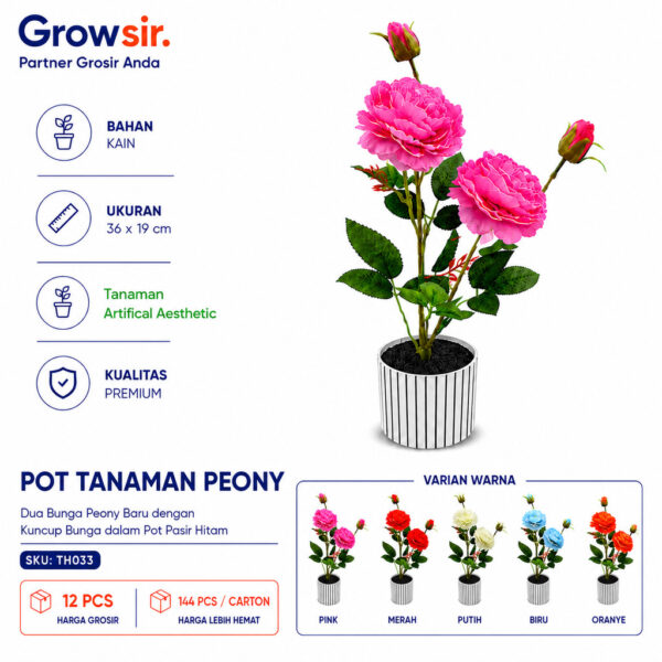 GROWSIR Pot Bunga Peony Artificial Aesthetic | Bunga Peony Plastik Tanaman Hias Dekorasi Meja & Ruangan | Bunga Artificial Premium TH033