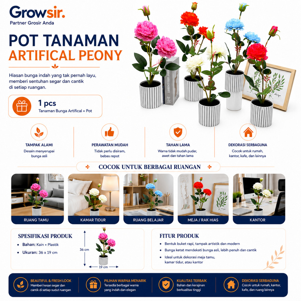 GROWSIR Pot Bunga Peony Artificial Aesthetic | Bunga Peony Plastik Tanaman Hias Dekorasi Meja & Ruangan | Bunga Artificial Premium TH033