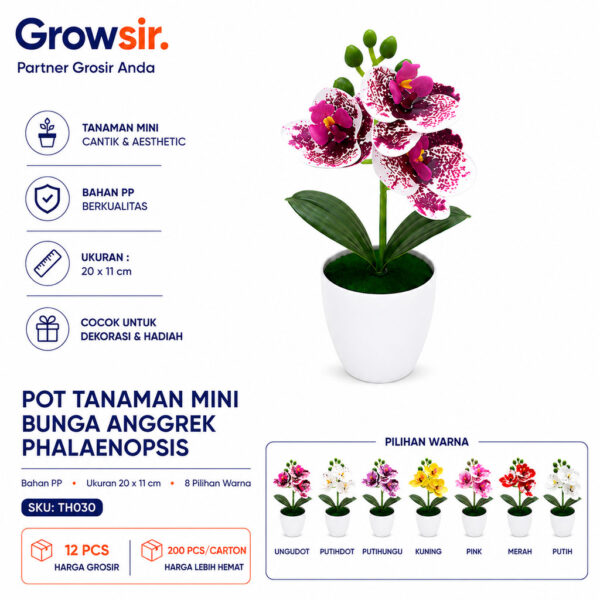 GROWSIR Pot Tanaman Bunga Anggrek Artificial Mini | Bunga Anggrek Plastik Phalaenopsis Dekorasi Rumah Aesthetic TH030