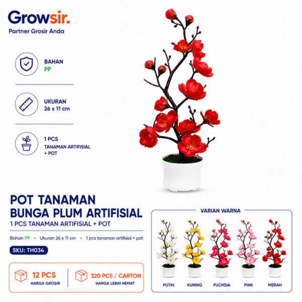 GROWSIR Pot Tanaman Bunga Plum Artificial | Bonsai Bunga Plum Plastik Dekorasi Rumah Meja Aesthetic TH034