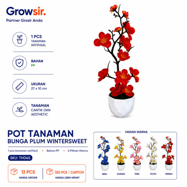 GROWSIR Pot Tanaman Bunga Plum Wintersweet Artificial | Bunga Plum Plastik Bonsai Mini Dekorasi Rumah Meja Aesthetic TH045