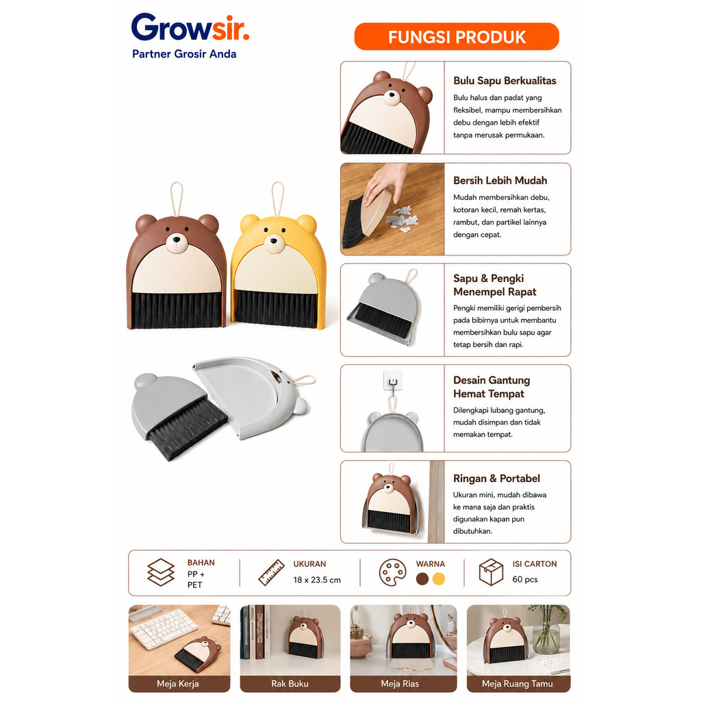 GROWSIR Sapu Pengki Set Mini Karakter Beruang Lucu XY132
