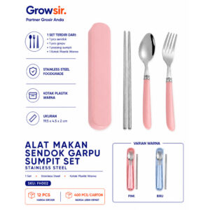 GROWSIR Set Sendok Garpu Sumpit Stainless Steel Food Grade + Kotak Makan Portable Sendok Set Karakter Lucu Souvenir FH002