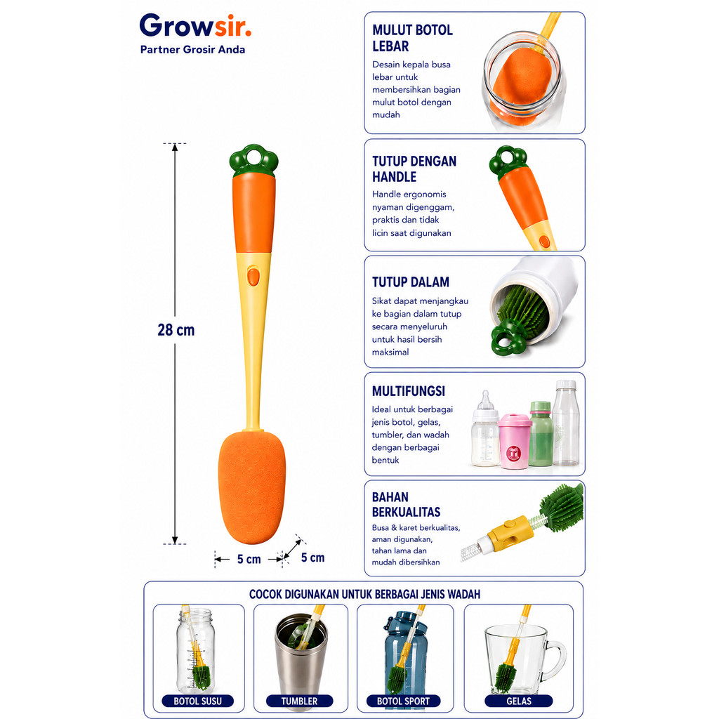 GROWSIR Sikat Pembersih Botol 3in1 Multifungsi | Brush Cuci Botol Gelas Sedotan Celah & Tutup | Spons & Silikon XY149