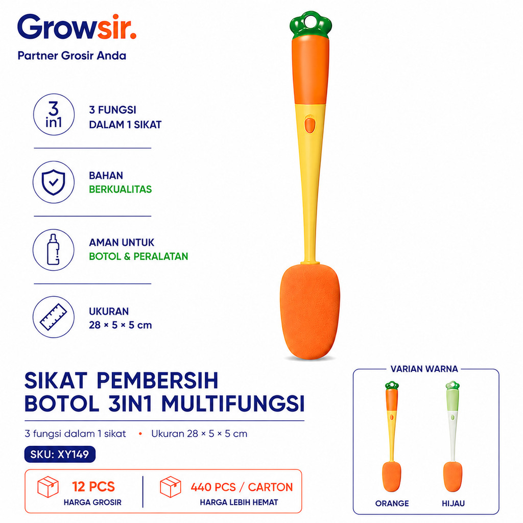 GROWSIR Sikat Pembersih Botol 3in1 Multifungsi | Brush Cuci Botol Gelas Sedotan Celah & Tutup | Spons & Silikon XY149