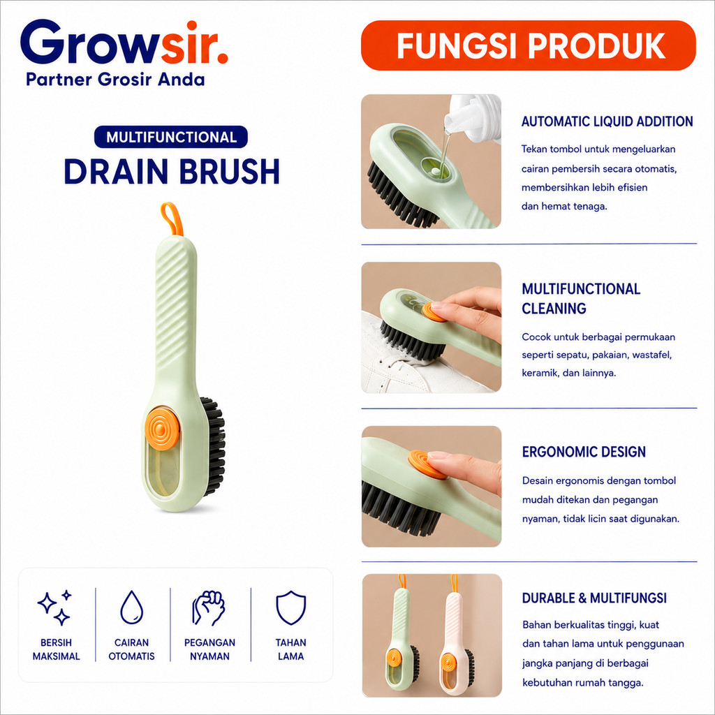 GROWSIR Sikat Sepatu Isi Sabun Otomatis Multifungsi Sikat Baju dengan Dispenser Sabun Cair Praktis