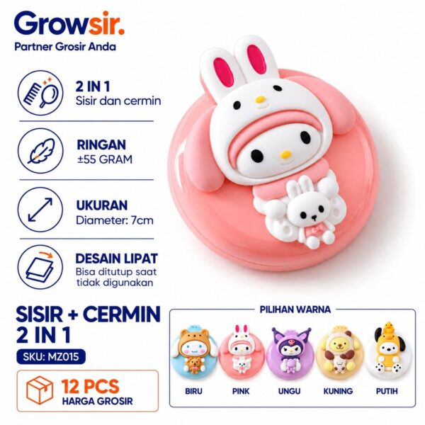 GROWSIR Sisir Cermin Mini 2in1 Cute lucu | Sisir Lipat Portable | Ringan 55g MZ015