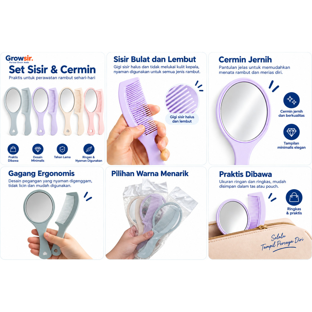 GROWSIR Sisir & Cermin Portable Set 2 Pcs | Sisir Gigi Rapat + Cermin Tangan | Ringkas & Praktis | Teman Berpergian MZ025