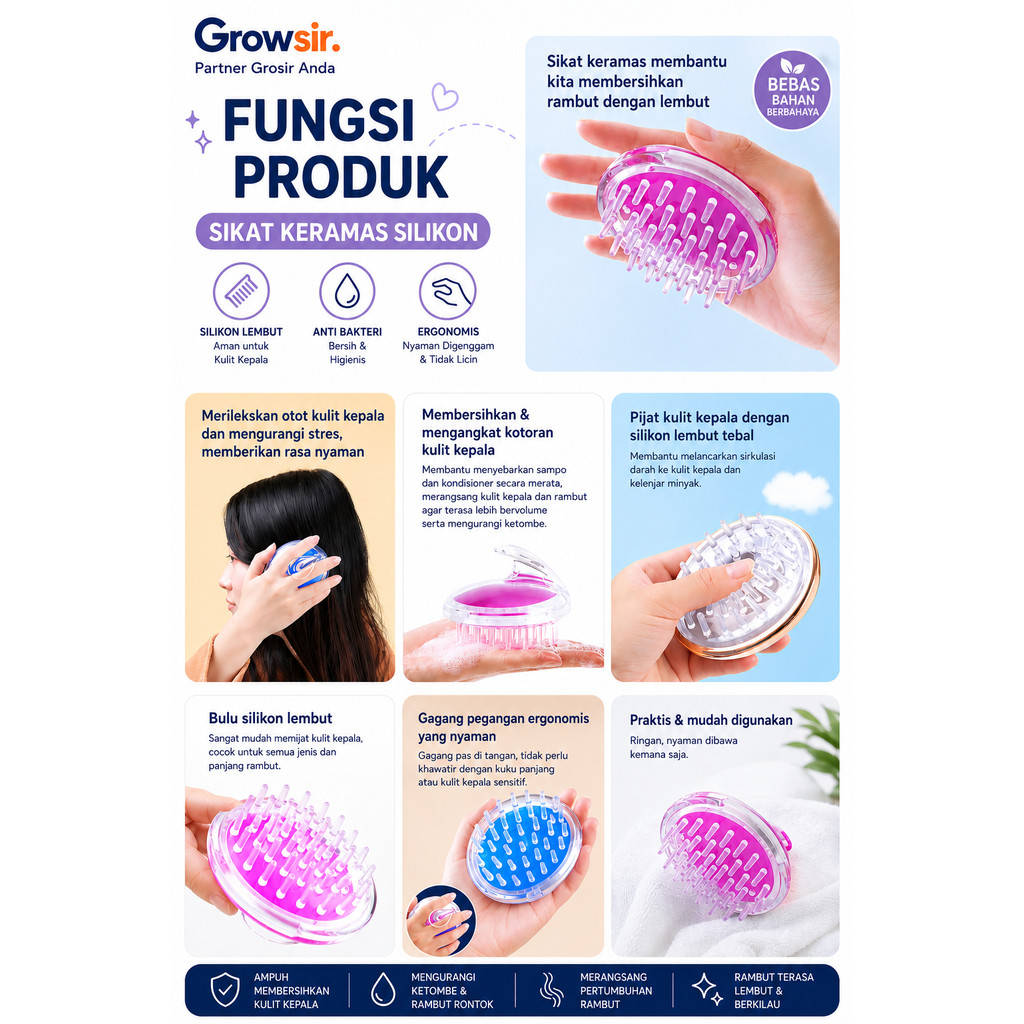 GROWSIR Sisir Keramas Silikon Pijat Kulit Kepala | Shampoo Brush Hair Scalp Massager XY003