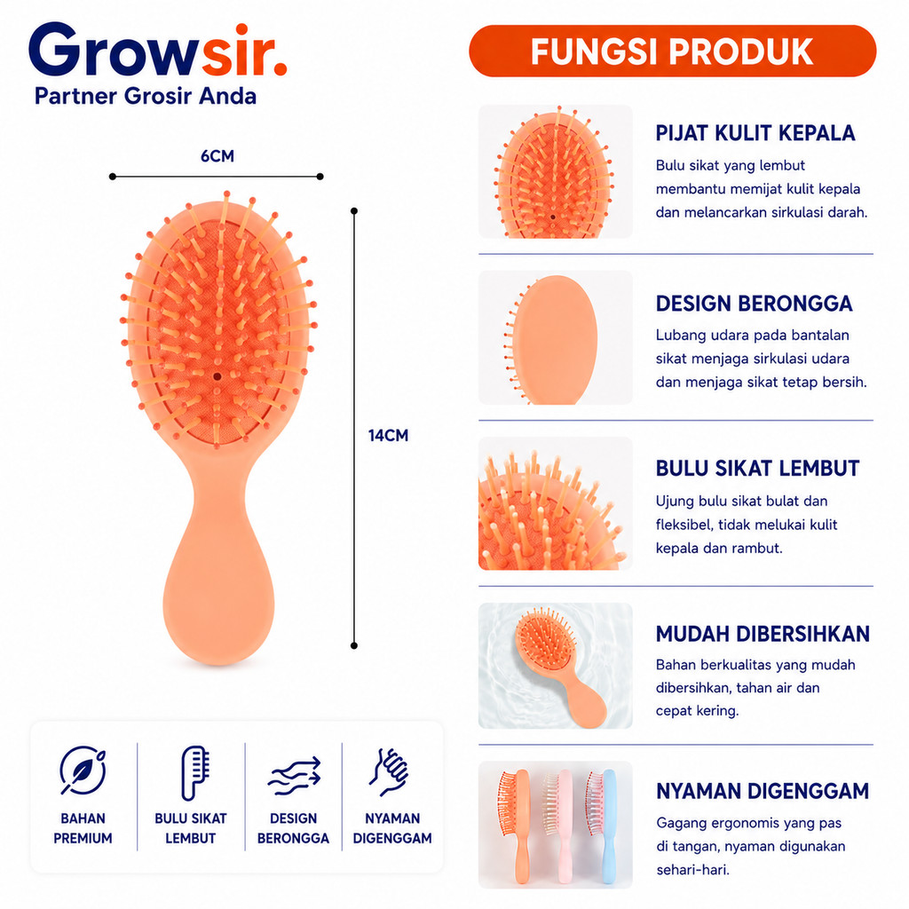GROWSIR Sisir Rambut Mini Warna Pastel / Mini Hair Brush Anti Kusut untuk Anak & Dewasa MZ006