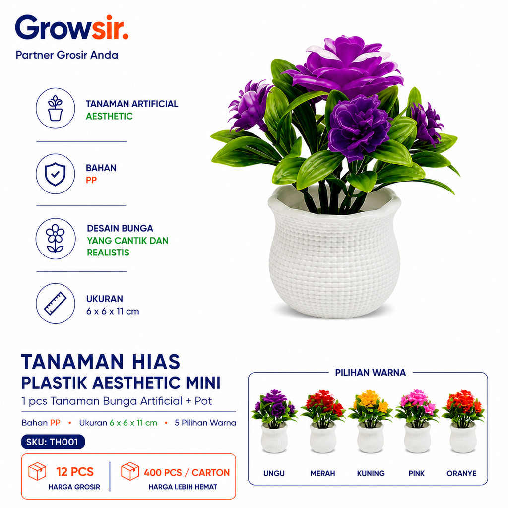 GROWSIR Tanaman Hias Plastik Aesthetic Mini Vas Bunga Hiasan Ruang Tamu Estetik TH001