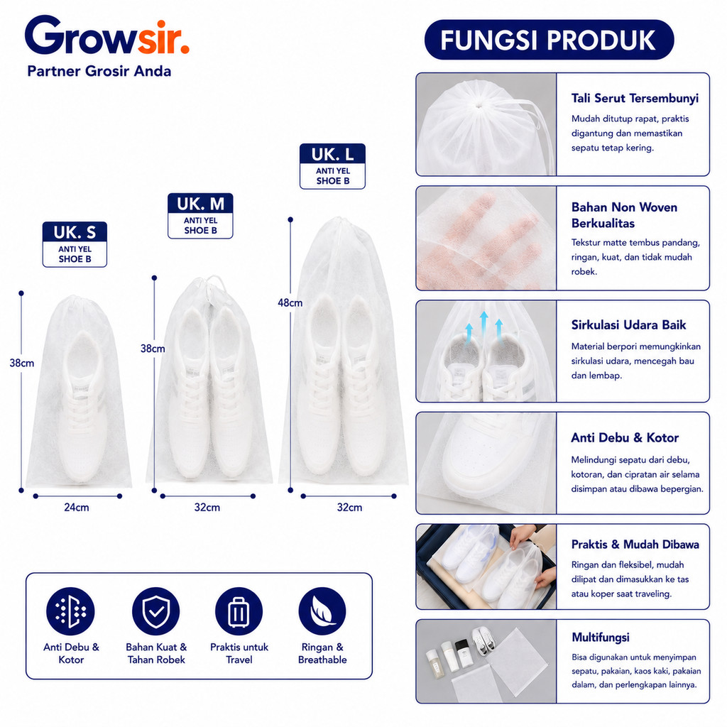 GROWSIR Tas Serut Sepatu Anti Kuning Pouch Travel Multifungsi Shoes Bag Penyimpanan Cover Sepatu dan Sendal Kantong Sepatu Tali Serut Serbaguna XY089