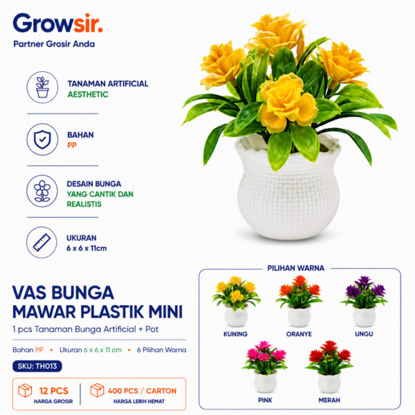 GROWSIR Vas Bunga Mawar Artificial Plastik Mini Tanaman Hias Aesthetic Mini Pot Rose Hiasan Estetik TH013